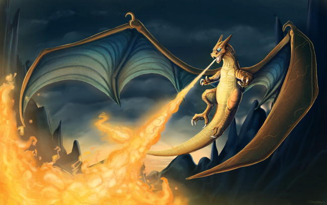 Обои картинки фото рисованное, животные,  сказочные,  мифические, дракон, огонь