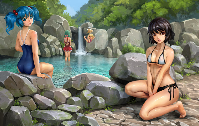 Обои картинки фото аниме, touhou, тоухоу, арт, природа, камни, озеро, han, dai, купальники, девушки, деревья, вода, водопад