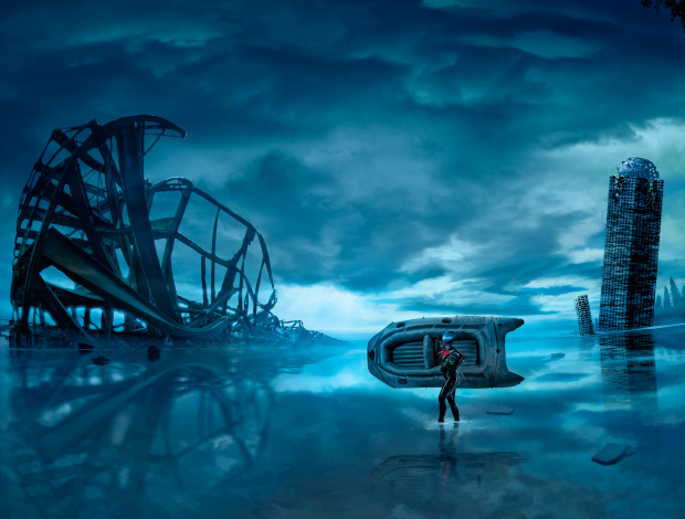 Обои картинки фото фэнтези, романтика апокалипсиса, romantically, apocalyptic, alexiuss, zee, captain, город, руины, лодка, вода
