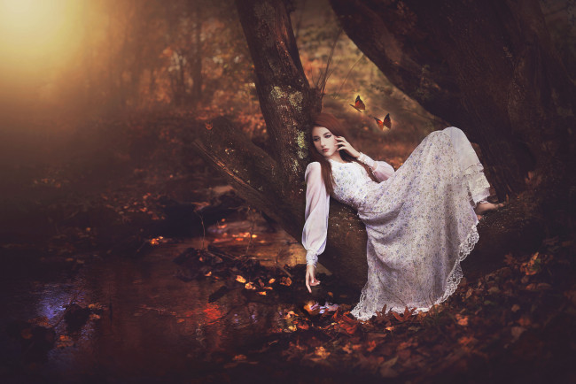 Обои картинки фото девушки, -unsort , креатив, настроение, осень, бабочки, ручей, дерево, лес, платье, девушка