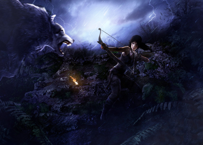 Обои картинки фото видео игры, rise of the tomb raider, девушка, фон, взгляд, лук, стрела, волк