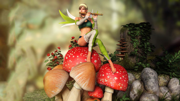 Картинка 3д+графика существа+ creatures девушка крылья флейта грибы