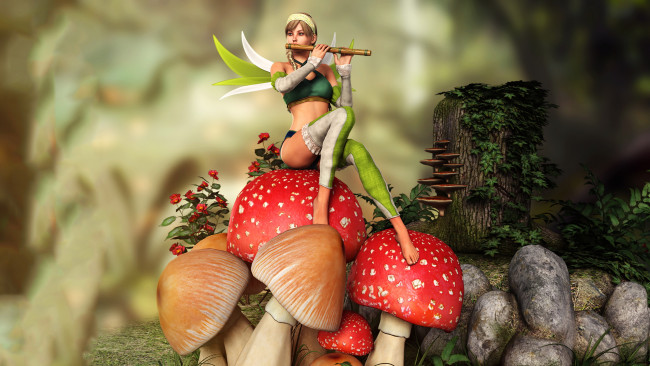 Обои картинки фото 3д графика, существа , creatures, девушка, крылья, флейта, грибы