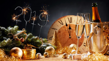 обоя праздничные, - разное , новый год, шампанское, часы