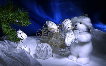 Картинка праздничные украшения санки мишка игрушки