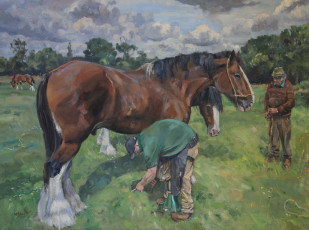 Картинка рисованное живопись картина луг лошади люди