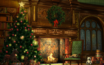 обоя праздничные, новогодний очаг, подарки, елка, камин