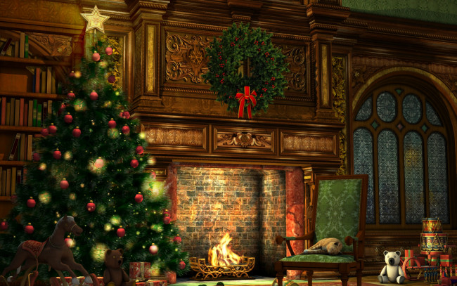 Обои картинки фото праздничные, новогодний очаг, подарки, елка, камин
