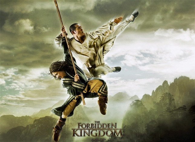 Обои картинки фото кино фильмы, the forbidden kingdom, воины, шест, прыжок, горы