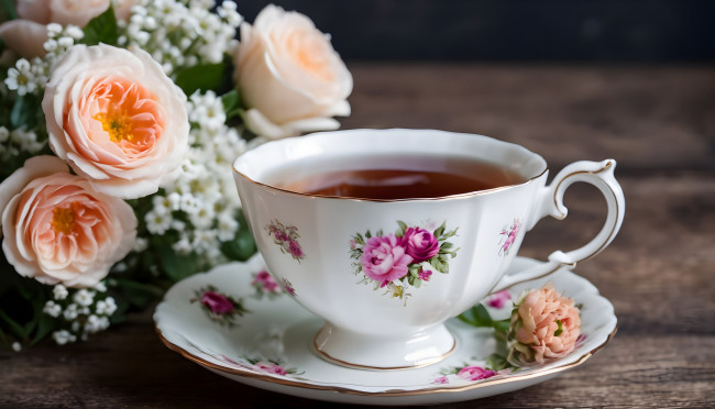 Обои картинки фото еда, напитки,  чай, цветы, чай, чашка, блюдце