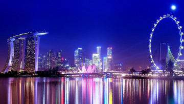 обоя города, сингапур, ночного, иллюминация
