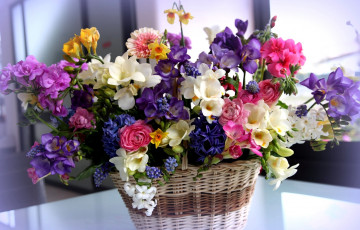 Картинка цветы букеты композиции корзинка ранункулюс фрезии гиацинты