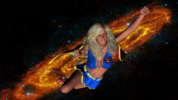 Картинка 3д+графика fantasy+ фантазия галактика супермен девушка полет накидка