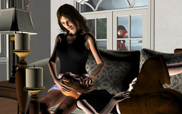 Картинка 3д+графика fantasy+ фантазия галактика супермен девушка окно комната диван девушки накидка