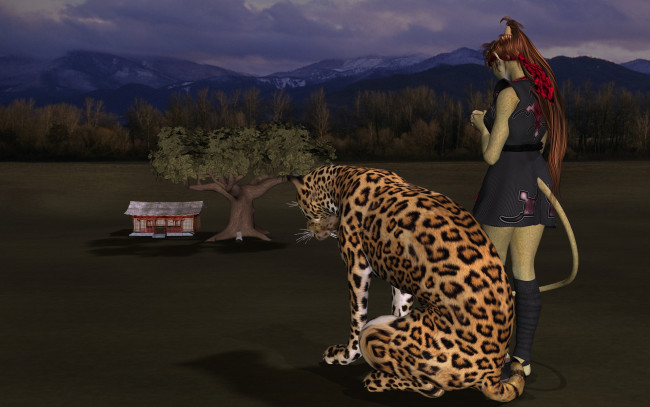 Обои картинки фото 3д графика, fantasy , фантазия, тигр, горы, девушка, кошка, дерево, дом