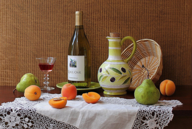 Обои картинки фото еда, натюрморт, груши, абрикосы, вино