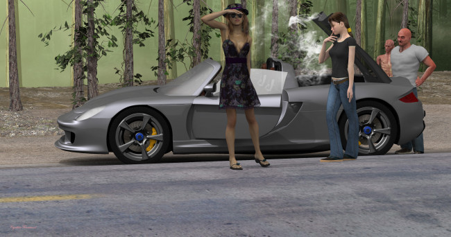Обои картинки фото автомобили, 3d car&girl, фон, взгляд, девушки, автомобиль