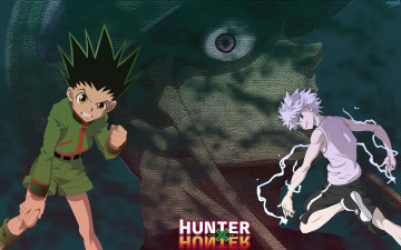 обоя аниме, hunter x hunter, киллуа, золдик, гон, фрикс, коллаж