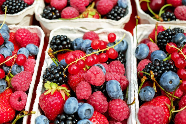Обои картинки фото еда, фрукты,  ягоды, смородина, малина, клубника, ежевика