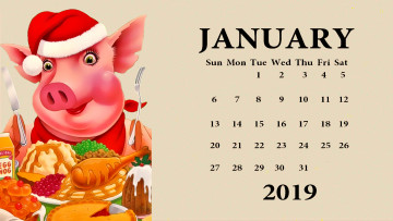 обоя календари, праздники,  салюты, поросенок, еда, шапка, свинья, нож, вилка