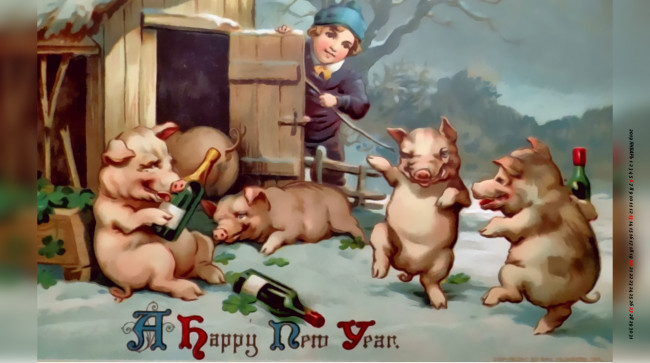 Обои картинки фото календари, праздники,  салюты, свинья, бутылка, поросенок, мальчик