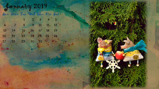Обои картинки фото календари, праздники,  салюты, яблоко, поросенок, елка, свинья, снежинка