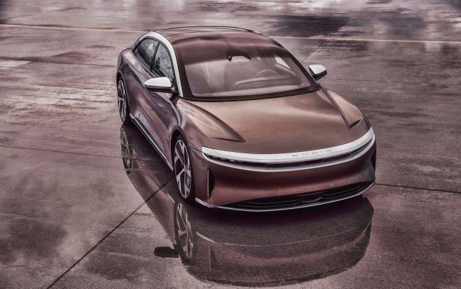 Обои картинки фото 2021 lucid air, автомобили, lucid, 2021, air, 4k, вид, спереди, экстерьер, электромобиль, новый, коричневый, купе