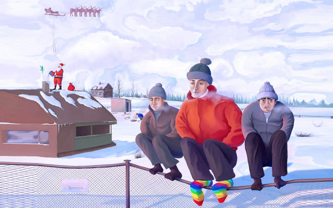 Обои картинки фото рисованное, люди, забор, мужики, дом, санта, клаус, снег