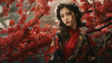Картинка 3д+графика люди+ people взгляд девушка цветы портрет весна сад сакура кимоно