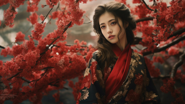 Обои картинки фото 3д графика, люди , people, взгляд, девушка, цветы, портрет, весна, сад, сакура, кимоно