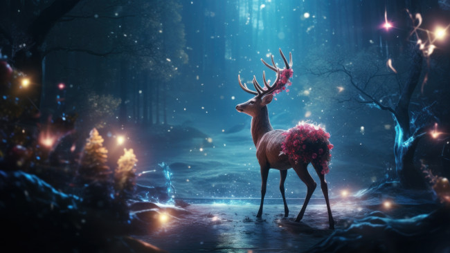 Обои картинки фото 3д графика, животные , animals, зима, лес, свет, олень, рождество, новый, год, ии-арт, нейросеть
