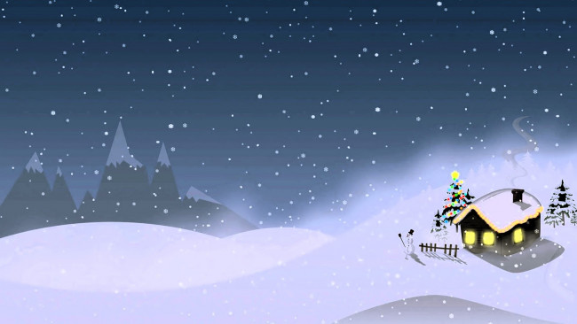 Обои картинки фото рисованное, праздники, горы, снег, дом, снеговик, ёлка