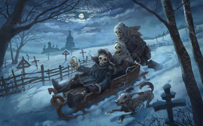 Обои картинки фото фэнтези, нежить, снег, зима, скелеты