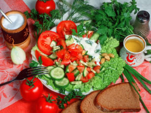 Картинка еда салаты закуски томаты помидоры хлеб зелень