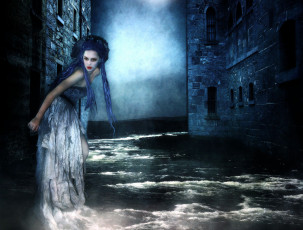 Картинка фэнтези девушки вода ночь прическа платье
