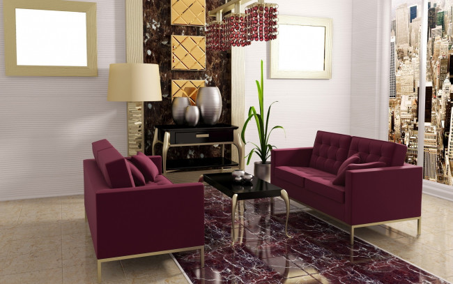 Обои картинки фото 3д, графика, realism, реализм, комната, квартира, дизайн, стиль, фиолетовое, кресло