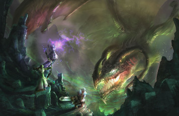 Картинка фэнтези драконы дракон сражение эльф гном маг горы