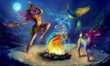 Картинка фэнтези магия иной мир ритуал танец девушка существа огонь