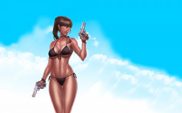 Картинка девушка+с+оружием рисованные люди девушка оружие небо