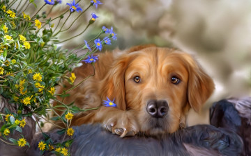 Картинка рисованные животные текстура цветы собака