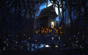 Картинка фэнтези иные+миры +иные+времена посетители тыквы дом ночь лес