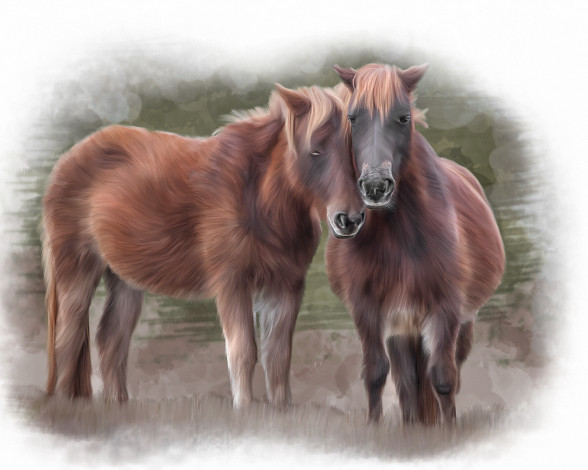Обои картинки фото рисованные, животные,  лошади, лошадки, влюбленные