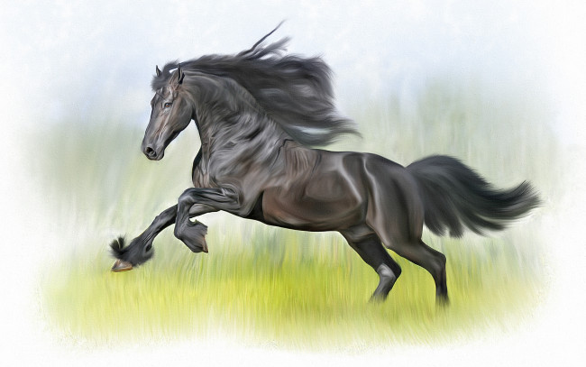 Обои картинки фото рисованные, животные,  лошади, лошадь, трава, фон