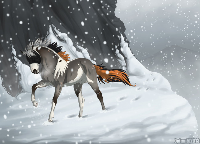 Обои картинки фото рисованные, животные,  сказочные,  мифические, снег, горы