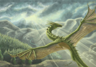 Картинка рисованное животные +сказочные +мифические пейзаж полет дракон