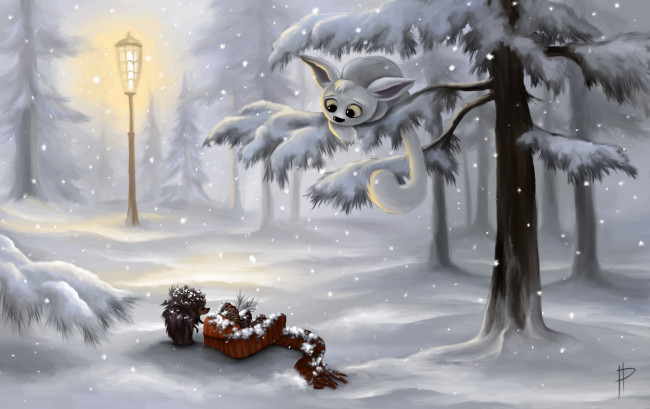Обои картинки фото рисованное, природа, зима, ёжик, снег, деревья, лес, фонарь, шишки