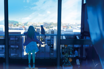 Картинка автор +loundraw аниме город +улицы +здания кошка девочка балкон окно арт