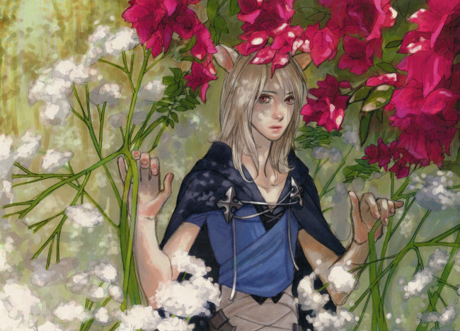 Обои картинки фото аниме, lamento, art, kazuaki, visual, novel, konoe, демон, ушки, цветы, заросли, плащ