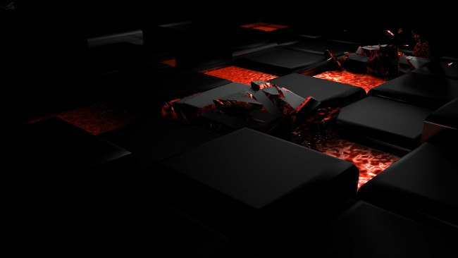 Обои картинки фото 3д графика, абстракция , abstract, свет, тёмный, огонь, куб, сплав