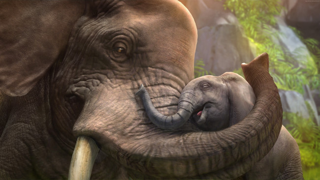 Обои картинки фото 3д графика, животные , animals, хоботы, любовь, слониха, слоны, слоненок